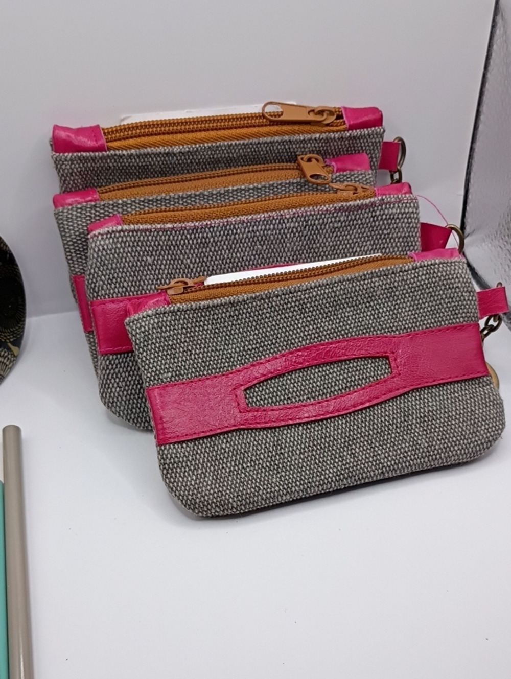 Women's Gray Canvas Coin Pouch with Pink Trim and Key Ring